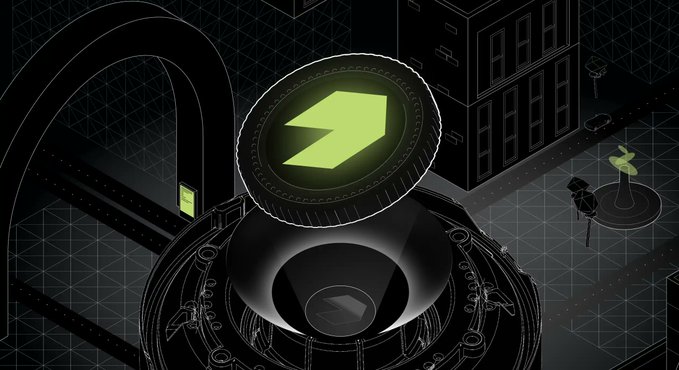 A stylized illustration of a glowing green cryptocurrency coin with an 'S'-like symbol resting on a circular pedestal in a dark, tech-themed cityscape.