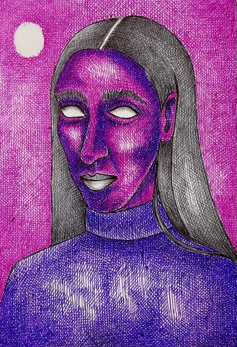 A portrait illustration of a figure with long dark hair rendered in crosshatched pen-and-ink style, bathed in purple and magenta tones against a pink background with a small white moon.