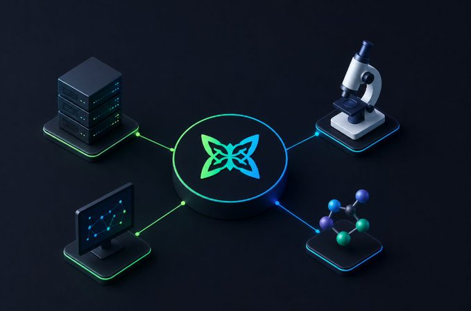 A central glowing Quip network logo connects to four icons representing servers, a microscope, a networked monitor, and molecular structures, symbolizing Quip Network's infrastructure for scientific and research workloads beyond typical financial crypto applications.