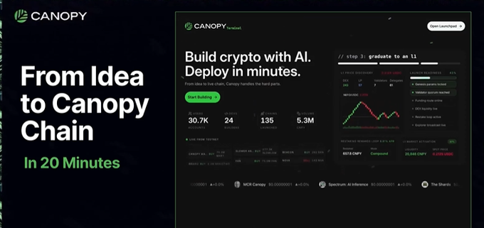 Canopy's promotional banner reads "From Idea to Canopy Chain in 20 Minutes," showcasing their AI-powered crypto deployment platform with statistics like "30.7K APPS BUILT," "24 BOTS LIVE," "135 CHAINS," and "5.3M [calls]," alongside a trading interface displaying CNPY and various project names like "MOB Canopy" and "Spectrum AI Inference." The image supports the post's point about meaningful infrastructure by highlighting Canopy's active development metrics, demonstrating that real users are actively building on the platform—reinforcing the argument that genuine utility matters more than raw TVL or transaction numbers.