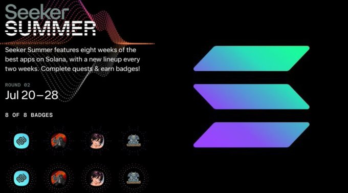 A promotional graphic for "Seeker Summer" Round 02 (July 20-28), highlighting 8 of 8 badges earned across the Solana Mobile platform, with colorful gradient banners showcasing eight weeks of featured apps and quests.