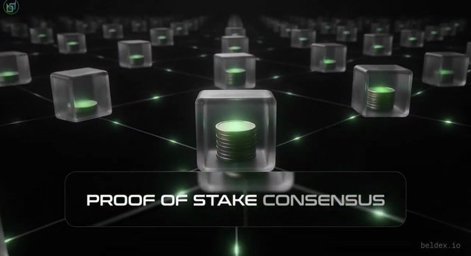 Digital illustration showing stacks of glowing green coins inside transparent cubes connected by a network, labeled "PROOF OF STAKE CONSENSUS" from beldex.io.