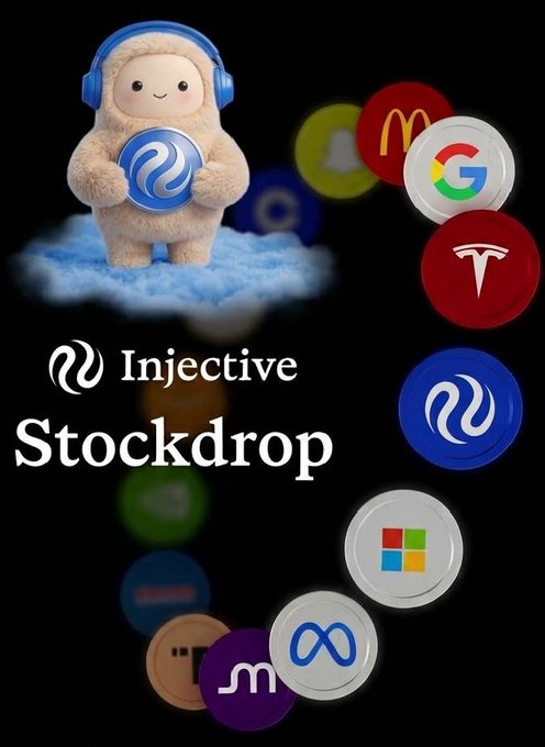 A promotional graphic titled 'Injective Stockdrop' featuring a cute fluffy mascot wearing blue headphones on a cloud, surrounded by circular icons of major brands including McDonald's, Google, Tesla, Microsoft, Meta, and others.