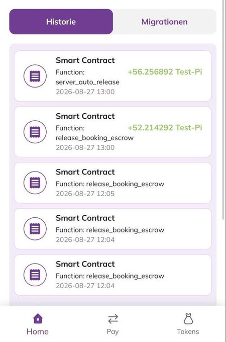 A mobile app history screen showing Smart Contract transactions including server_auto_release and multiple release_booking_escrow functions, with Test-Pi amounts of +56.256892 and +52.214292, dated 2026-08-27.