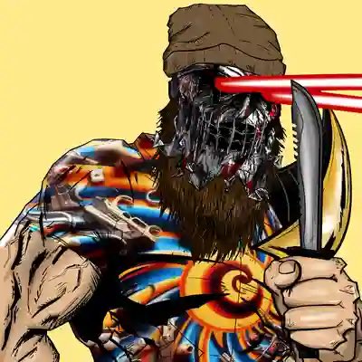 A stylized digital illustration of a bearded figure wearing a beanie and a colorful shirt, with red laser beams shooting from his eyes and holding a curved blade.
