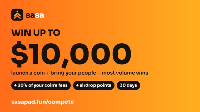 An orange promotional graphic for “sa sa” reads “WIN UP TO $10,000,” with the instructions “launch a coin • bring your people • most volume wins” and badges for “+ 30% of your coin’s fees,” “+ airdrop points,” and “30 days,” plus “sasapad.fun/compete.”