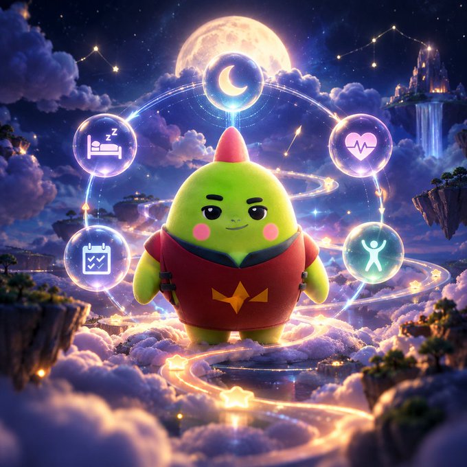 A digital illustration of a green, egg-shaped character in a red outfit floating in a magical nighttime sky, surrounded by glowing icons representing sleep, health, and fitness.