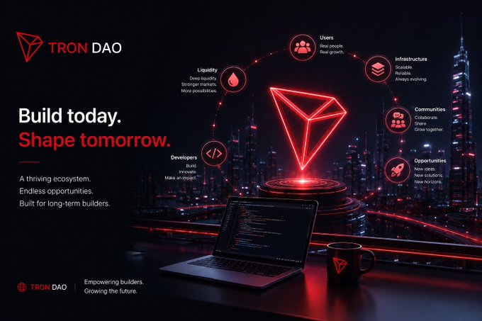 A Tron DAO promotional graphic with the tagline 'Build today. Shape tomorrow.' featuring a neon red Tron diamond logo and circular diagrams highlighting Users, Infrastructure, Communities, Opportunities, Developers, and Liquidity.