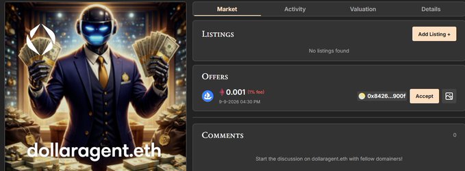 A crypto domain marketplace interface showing the 'dollaragent.eth' listing with an AI-suited figure holding cash, displaying Market, Activity, Valuation, and Details tabs along with an offer of 0.001 ETH.