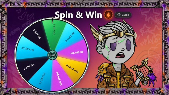 A 'Spin & Win' wheel interface showing various SPYTH and SPLYTH prize amounts, with a cartoon character wearing a laurel wreath and holding a lyre beside it.