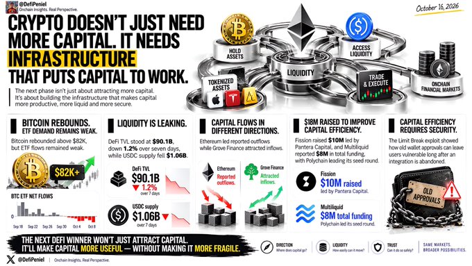 The image is an October 16, 2026 DefiPeniel infographic titled "CRYPTO DOESN'T JUST NEED MORE CAPITAL. IT NEEDS INFRASTRUCTURE THAT PUTS CAPITAL TO WORK," featuring a central illustration of the Bitcoin, Ethereum, and USDC coins atop cylinders labeled "HOLD ASSETS," "ACCESS LIQUIDITY," and "TRADE & EXECUTE," surrounded by statistics matching the post—including Bitcoin rebounding above $82K with weak ETF flows, DeFi TVL at $90.1B (down 1.2%), USDC supply falling $1.06B, Fission raising $10M led by Pantera Capital, and Multigelt raising $8M led by Polychain, ending with the takeaway that "THE NEXT DEFI WINNER WON'T JUST ATTRACT CAPITAL. IT'LL MAKE CAPITAL MORE USEFUL."