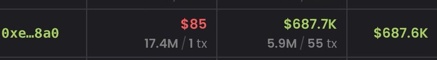 A dark-themed crypto portfolio display shows an address ending in "0xe...8a0" holding two tokens valued at $85 (17.4M tokens, 1 tx) and $687.7K (5.9M tokens, 55 tx), with a total portfolio value of $687.6K—suggesting a modest early investment in a new token, echoing the "Solana vibes" narrative of turning a small initial buy into significant gains.