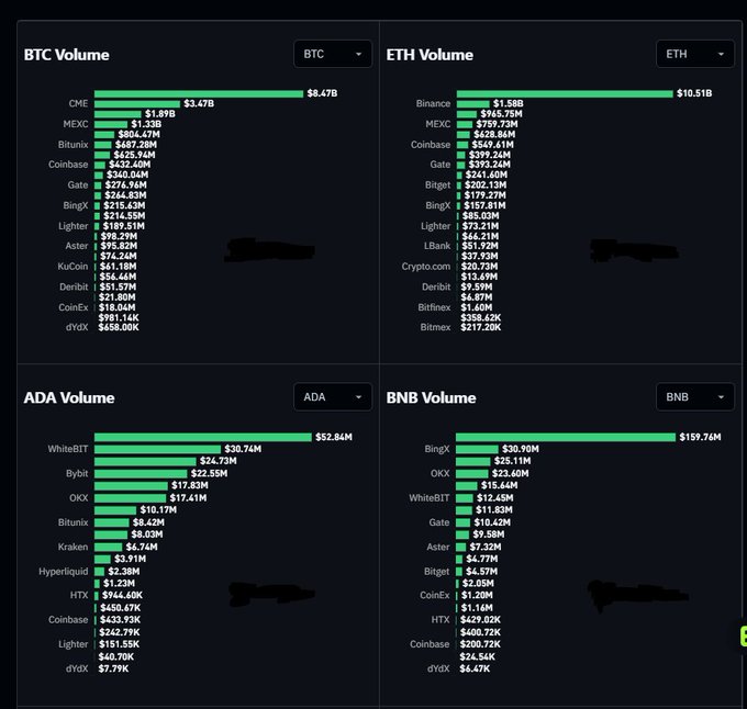 A dashboard displaying trading volumes across multiple cryptocurrencies including BTC (top exchanges: CME $8.47B, MEXC $3.47B, Bitunix $1.89B), ETH (top: Binance $10.51B, MEXC $565.75M), ADA (top: WhiteBIT $52.84M, Bybit $30.74M), and BNB (top: BingX $159.76M, OKX $30.90M).