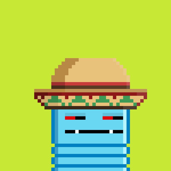 A pixel art blue Goo character wearing a tan sombrero with a red band smiles against a lime green background, matching the cheerful "Good Morning Gooies" greeting in the post.