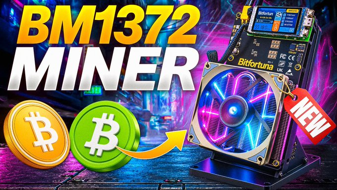 A promotional image advertises the BM1372 Miner by Bitfortuna, featuring the mining device with illuminated RGB lighting alongside Bitcoin coin graphics and a 'NEW' tag.