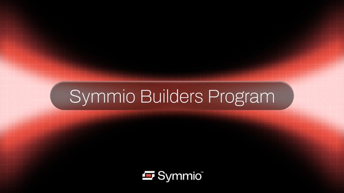 The image is a promotional banner for the Symmio Builders Program, featuring the program name displayed in white text within a dark rounded rectangle, set against a striking red and black background with a glowing, symmetrical light effect. The Symmio logo appears at the bottom, visually reinforcing the announcement about locking SYMM tokens to earn Builders NFTs and fee rebates on trading activity.