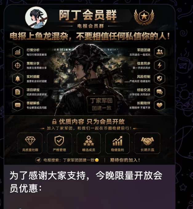 A Chinese promotional poster for '阿丁会员群' (A Ding Member Group) Telegram channel offering exclusive trading signals and analysis services with various features like market analysis, strategy sharing, and real-time alerts.