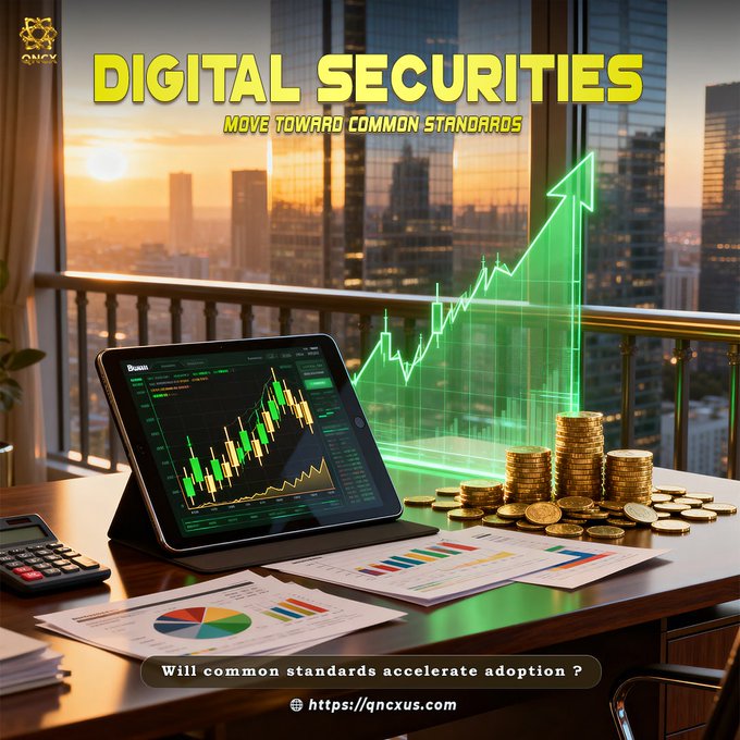 A tablet displaying green candlestick charts sits on a desk alongside stacked gold coins and printed financial reports, with a city skyline and a large rising green arrow in the background. Bold text reads "DIGITAL SECURITIES — MOVE TOWARD COMMON STANDARDS," while a banner at the bottom asks "Will common standards accelerate adoption?" and links to qncxus.com, visually reinforcing the post's theme of maturing tokenization and connected digital asset markets.