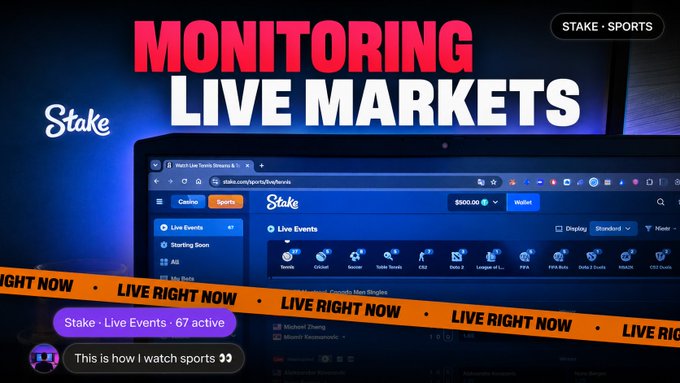 A promotional image for Stake showing 'MONITORING LIVE MARKETS' with a browser screenshot of the Stake sportsbook, orange 'LIVE RIGHT NOW' tape, and text 'Stake • Live Events • 67 active' and 'This is how I watch sports'.