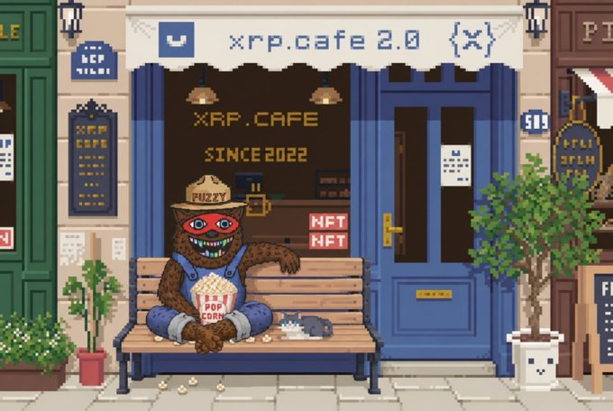 This pixel art image depicts the storefront of "XRP.CAFE 2.0" (since 2022), featuring a furry, masked character wearing a "PUZZLY" hat and a popcorn shirt sitting on a bench outside the blue-doored cafe that advertises "NFT" and "NFT NET" services. The whimsical artwork ties into the post's promotion by visually branding the @xrpcafe account, blending crypto culture (XRP/NFT references) with the artistic, meme-friendly aesthetic that appeals to the "art and culture" crowd the post invites.