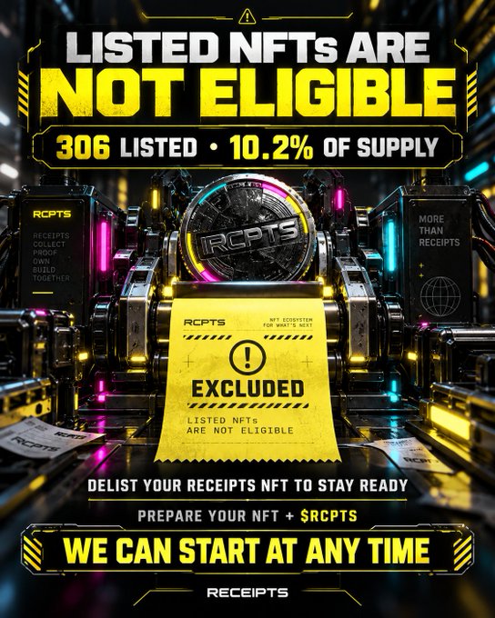 A stylized graphic from "RECEIPTS" warns that "LISTED NFTs ARE NOT ELIGIBLE," noting 306 listed items representing 10.2% of supply, and urges holders to delist their $RCPTS NFTs to stay ready, with "WE CAN START AT ANY TIME" displayed at the bottom—reinforcing the post's message to "Delist or be left behind."