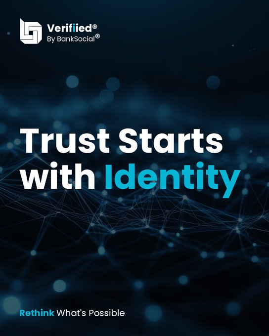 Promotional graphic for "Verified by BankSocial" featuring the tagline "Trust Starts with Identity" and "Rethink What's Possible" against a dark blue digital network background.