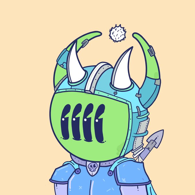 A cartoon illustration of a blue armored character with a green horned helmet featuring three black eye slits, white horns, and a spiked ball floating above its head.