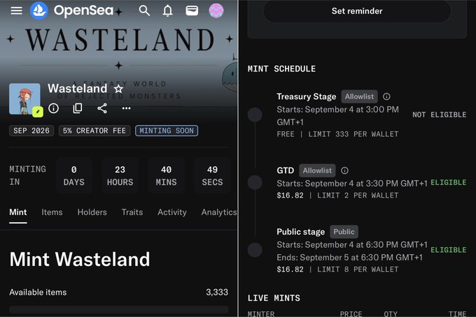 An OpenSea NFT minting page for 'Wasteland,' showing a countdown timer, mint schedule with Treasury, GTD, and Public stages, and pricing of $16.82.