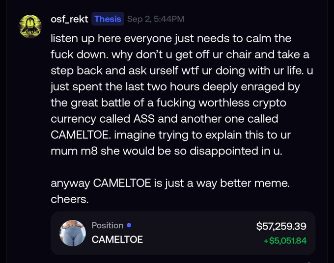 A Discord post by user "osf_rekt" with the "Thesis" badge vents about people arguing over meme cryptocurrencies ASS and CAMELTOE, declaring CAMELTOE is "a way better meme" while showing a position showing +$5,051.84 profit on CAMELTOE.
