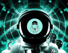 A futuristic, mechanical device or robot head with a circular central display showing a stylized human face, rendered in glowing teal and dark metallic tones.