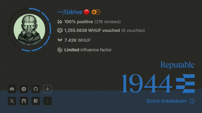 A user profile for '—|lldrive' shows 100% positive reviews (216 reviews), 1,255.5639 WHUF vouched (6 vouches), 7.42K WHUF, and a Reputable score of 1944.