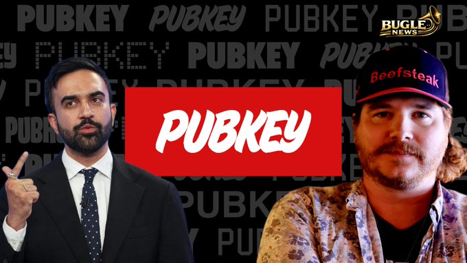 The image features two men, one wearing a suit and tie and the other wearing a baseball cap with "PubKey" written on it. The man in the suit has his finger extended upwards, while the man in the baseball cap makes a peace sign. In the background, there is text that reads "BREAKING: NYC Mayor Zohran Mamdani threatens to pull @PubKey 's liquor license after learning xpubs put #Bitcoin at higher risk from quantum computers." This suggests that there might be an issue with PubKey's liquor license in New York City.