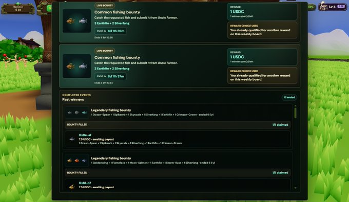 A webpage or app interface showing 'LIVE BOUNTY' sections for 'Common fishing bounty' with rewards listed in USDC, set against a green grassy game background.