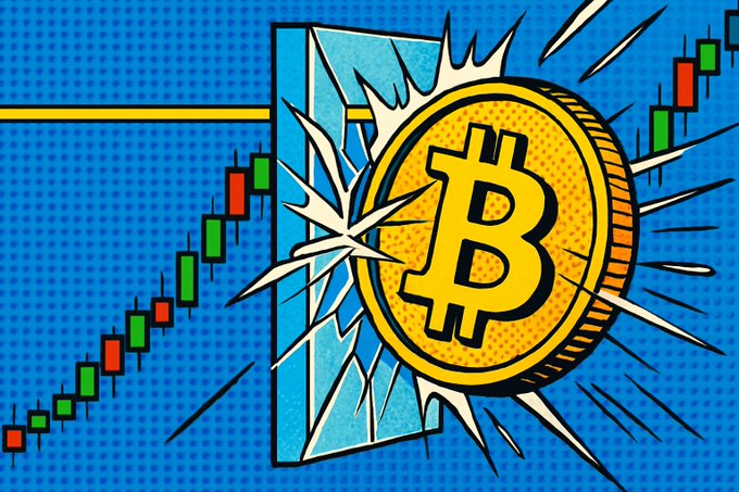 A pop-art style illustration features a golden Bitcoin coin bursting through a blue frame, accompanied by an ascending green and red candlestick chart in the background.