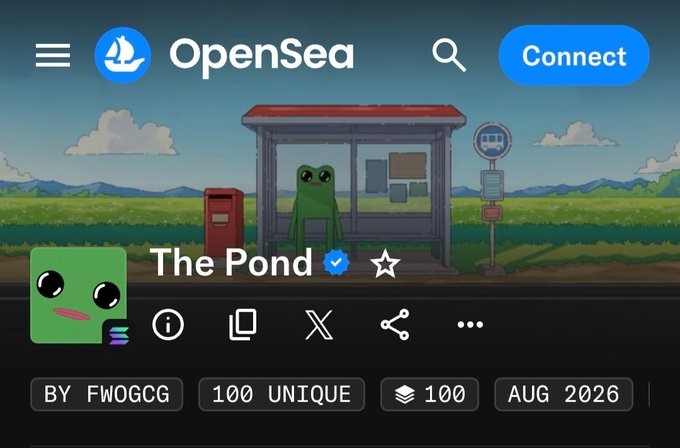 An OpenSea NFT collection page for 'The Pond' by Fwogcg, showing 100 unique items with a bus stop scene featuring a frog character.