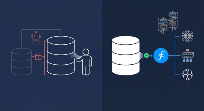 A side-by-side comparison showing traditional enterprise data management (left), with AI agents and users directly querying a data lake, versus the Filecoin-enabled approach (right), where the same data lake is stored on Filecoin with zero egress and accessible by various AI models for on-demand querying.

Visible text includes "MCP, Input, Attention" within the neural network diagram on the right, illustrating how AI agents can access the growing data lake that previously would double every 12–18 months—now made efficient through Filecoin's decentralized storage.