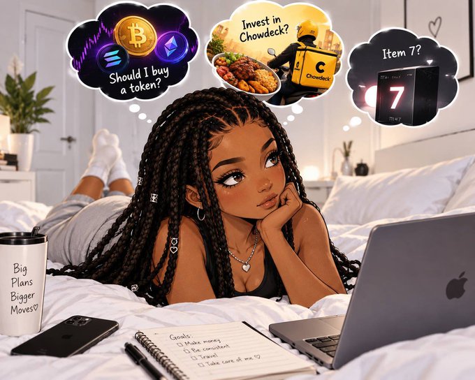 An illustrated woman with braided hair lies on a bed with a laptop, notebook, and phone, with thought bubbles showing crypto tokens, 'Chowdeck' delivery, and 'Item 7?'