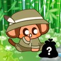 A cartoon monkey character dressed in khaki safari clothing sits in a bamboo forest next to a black bag marked with a white question mark.