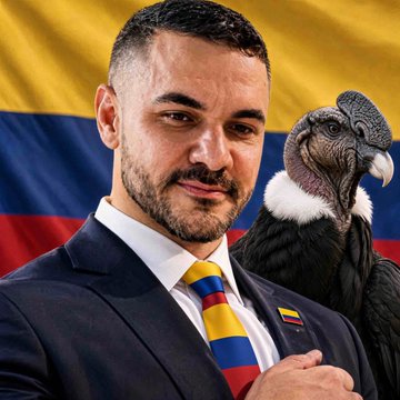 A man in a dark suit with a yellow, blue, and red striped tie stands in front of a Colombian flag alongside a large black bird resembling an Andean condor.