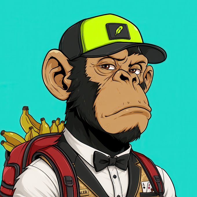 A cartoon ape wearing a green and black cap, bowtie, and vest, with a backpack full of bananas and a playing card tucked in its pocket, is depicted against a teal background. The "Suited Ape Society" branding, featuring the ape in formal attire with a poker card, aligns with the post's mention of the collection and its upcoming Poker Beta launch.