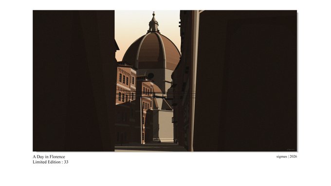 A Day in Florence now can be claimed by holders of A Day in Tuscany for 0.03 eth, which is a limited edition print that has been released as a collector's item. The image shows a view of the dome of the Florence Cathedral from a narrow alleyway between two buildings.