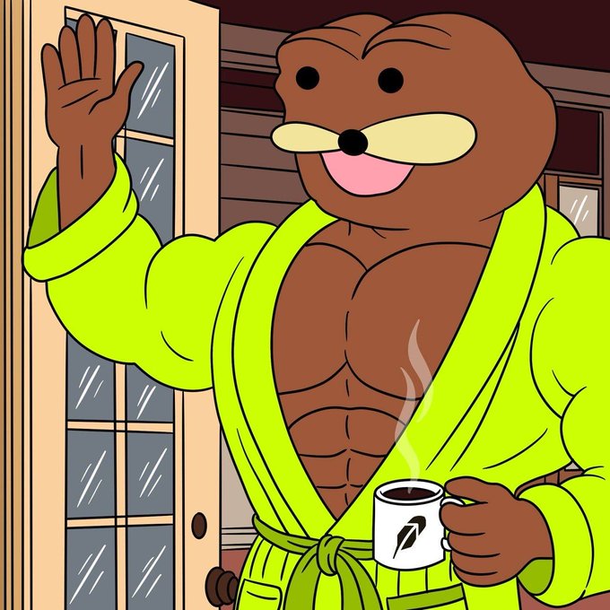 A cartoon image of a muscular brown bear wearing a yellow bathrobe, waving one hand and holding a steaming coffee mug in the other.