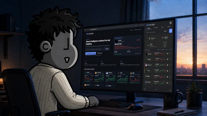 Digital illustration of a cartoon character sitting at a desk with dual monitors displaying the MEXC exchange interface (showing 'Token Intelligence without the tab hopping'), set against a window view of a city skyline at sunset.