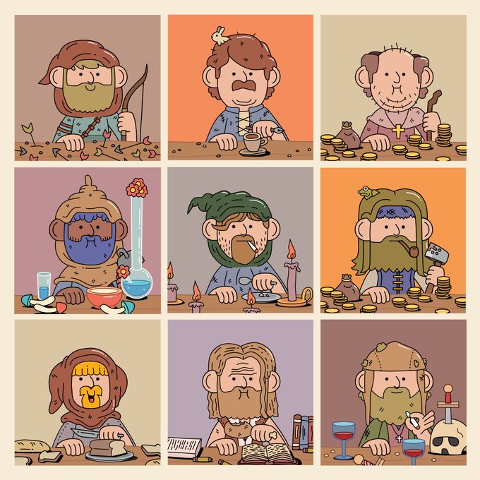 A 3x3 grid of cartoon illustrations depicting nine different medieval or fantasy-themed characters, including a hunter, alchemist, priest, and various adventurers.