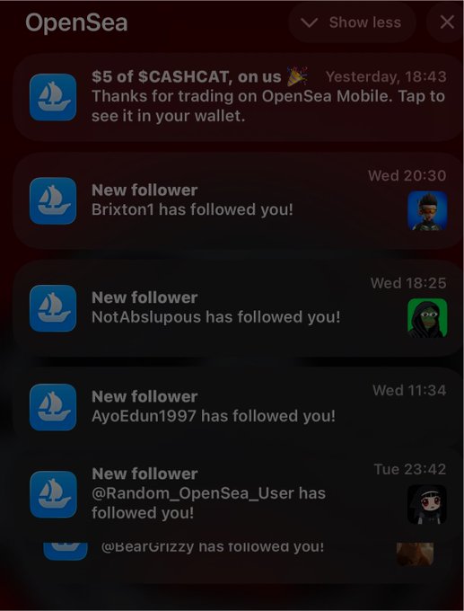 A screenshot of OpenSea mobile notifications showing a $5 payment from '$CASHCAT', followed by several new follower alerts from users like 'Brixton1', 'NotAbslupous', and '@Random_OpenSea_User'.