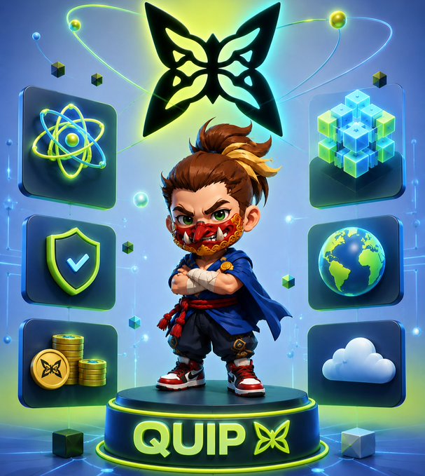 A digital illustration of a chibi-style character wearing a red mask and blue cape standing on a pedestal labeled 'QUIP,' surrounded by floating icons representing tech concepts like atoms, shields, coins, and the globe.