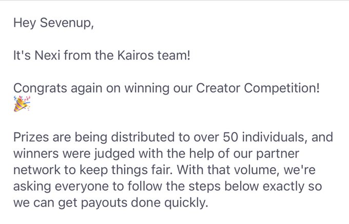 A message from Nexi of the Kairos team congratulating 'Sevenup' on winning their Creator Competition and announcing prize distribution to over 50 winners.