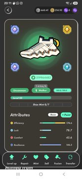 A mobile game screenshot from 'Mining Tron' displaying a pixel art sneaker NFT with attributes including Efficiency, Luck, Comfort, and Resilience.