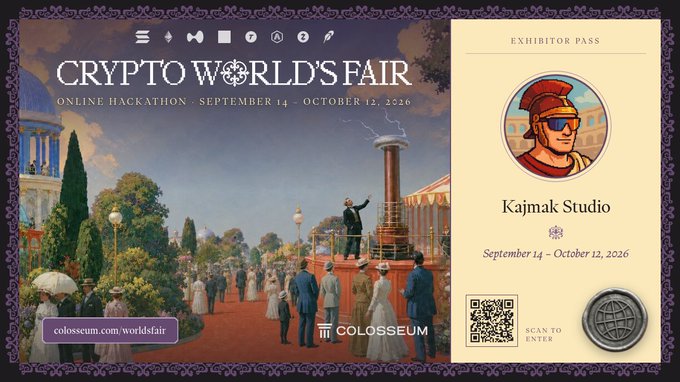 A promotional graphic for 'CRYPTO WORLD'S FAIR' online hackathon (September 14 - October 12, 2026) featuring a vintage-style illustration of a fair with a figure on a podium, alongside an exhibitor pass for 'Kajmak Studio' with a QR code.
