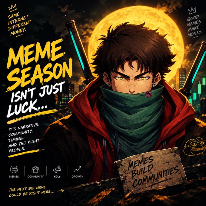 An anime-style promotional graphic titled 'MEME SEASON ISN'T JUST LUCK...' featuring a serious-looking character with yellow eyes against a full moon backdrop, alongside text about memes building communities.